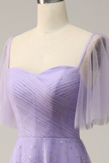 Off Shoulder Lavendel Balklänning Med Volanger