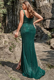 Mermaid Spaghetti Straps Mörkgröna paljetter Plus Size Bal Klänning med delad front