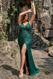 Mermaid Spaghetti Straps Mörkgröna paljetter Plus Size Bal Klänning med delad front