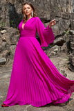 En linje djup V hals mörk Fuchsia Plus Size Bal klänning med långa ärmar
