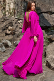 En linje djup V hals mörk Fuchsia Plus Size Bal klänning med långa ärmar