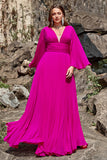 En linje djup V hals mörk Fuchsia Plus Size Bal klänning med långa ärmar