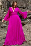 En linje djup V hals mörk Fuchsia Plus Size Bal klänning med långa ärmar