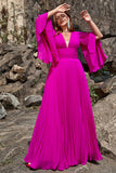 En linje djup V hals mörk Fuchsia Plus Size Bal klänning med långa ärmar