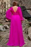 En linje djup V hals mörk Fuchsia Plus Size Bal klänning med långa ärmar
