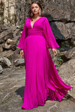 En linje djup V hals mörk Fuchsia Plus Size Bal klänning med långa ärmar
