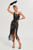 Svart Spaghetti Straps Gatsby Fringed Flapper Klänning