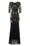 Svart V-hals Paljetter Fransar Lång 1920s Flapper Klänning