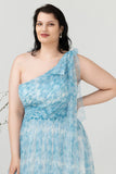 Blå Tryck En Axel Plus Size Brudtärna Klänning