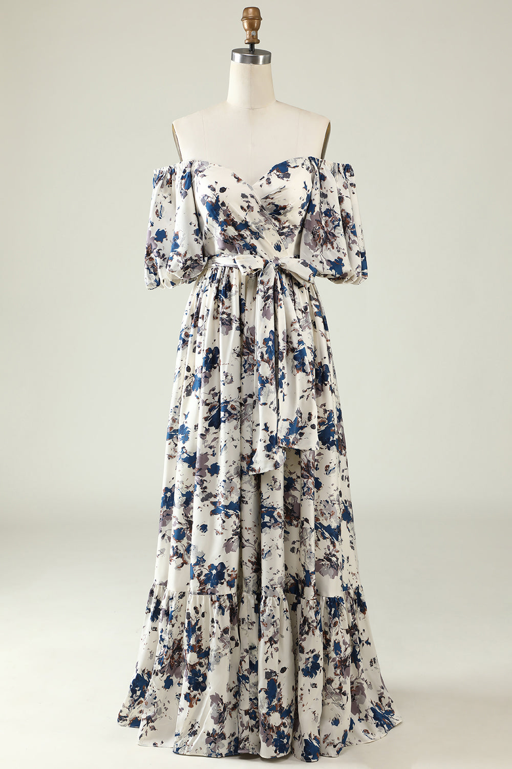 Vit Blå Blomma Boho Brudtärnklänning