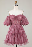 Underbar A-linje från axeln Fuchsia Tulle Kort Homecoming Klänning med korta ärmar