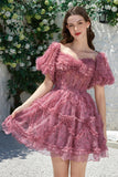 Vacker A-linje Från Axeln Dusty Rose Tulle Kort Homecoming Klänning