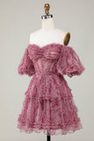 Underbar A-linje från axeln Fuchsia Tulle Kort Homecoming Klänning med korta ärmar