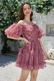 Vacker A-linje Från Axeln Dusty Rose Tulle Kort Homecoming Klänning