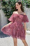 Vacker A-linje Från Axeln Dusty Rose Tulle Kort Homecoming Klänning