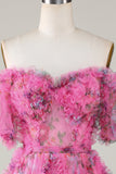 Underbar A-linje från axeln Fuchsia Tulle Kort Homecoming Klänning med korta ärmar