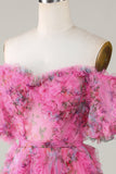 Underbar A-linje från axeln Fuchsia Tulle Kort Homecoming Klänning med korta ärmar