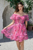 Vacker A-linje Från Axeln Fuchsia Tulle Kort Homecoming Klänning