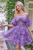 Underbar A-linje från axeln Fuchsia Tulle Kort Homecoming Klänning med korta ärmar