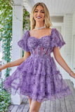 Underbar A-linje från axeln Fuchsia Tulle Kort Homecoming Klänning med korta ärmar
