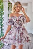 Underbar A-linje från axeln Fuchsia Tulle Kort Homecoming Klänning med korta ärmar