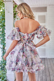 Underbar A-linje från axeln Fuchsia Tulle Kort Homecoming Klänning med korta ärmar