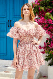 Vacker A-linje Från Axeln Dusty Rose Tulle Kort Homecoming Klänning