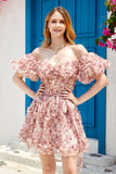 Vacker A-linje Från Axeln Dusty Rose Tulle Kort Homecoming Klänning