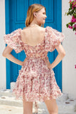 Vacker A-linje Från Axeln Fuchsia Tulle Kort Homecoming Klänning
