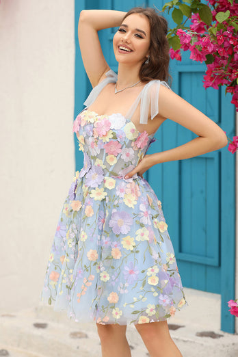 Blå Korsett A-linje Kort Hemkomstklänning med 3D-Blommor