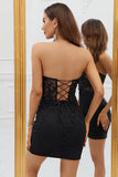 Svart Korsett Bodycon Kort Hemkomst Klänning Med Spets