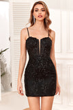 Svarta Bodycon Spaghettiband Paljetter Kort Hemkomst Klänning med Criss Cross Tillbaka