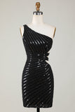 Sparkly Bodycon En Axel Svart Paljetter Kort Homecoming Klänning med Cut Out