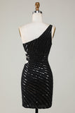 Sparkly Bodycon En Axel Svart Paljetter Kort Homecoming Klänning med Cut Out
