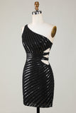 Sparkly Bodycon En Axel Svart Paljetter Kort Homecoming Klänning med Cut Out
