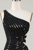 Sparkly Bodycon En Axel Svart Paljetter Kort Homecoming Klänning med Cut Out