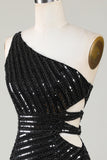Sparkly Bodycon En Axel Svart Paljetter Kort Homecoming Klänning med Cut Out