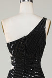 Sparkly Bodycon En Axel Svart Paljetter Kort Homecoming Klänning med Cut Out