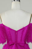 Snygg A-linje Av Axeln Fuchsia Tyll Corset Homecoming Klänning