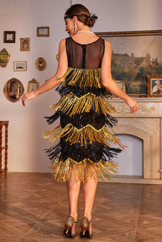 Gyllene Fransar Flapper Great Gatsby klänning med Paljetter