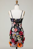 Bodycon Spaghettiband Svart Homecoming Klänning med 3D Blommor
