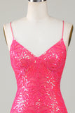 Glittrande Fuchsia Pärlstav Tight Kort Hemkomstklänning