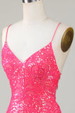 Glittrande Fuchsia Pärlstav Tight Kort Hemkomstklänning