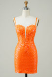 Glitter Orange Tight Homecoming Klänning med pärlstav