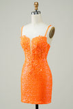 Glitter Orange Tight Homecoming Klänning med pärlstav