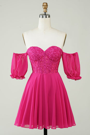 Fuchsia Corset A-Line Chiffong Kort Homecoming Klänning med spets