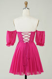 Fuchsia Corset A-Line Chiffong Kort Homecoming Klänning med spets