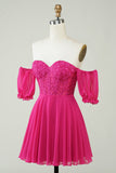 Fuchsia Corset A-Line Chiffong Kort Homecoming Klänning med spets