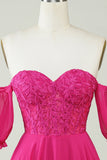 Fuchsia Corset A-Line Chiffong Kort Homecoming Klänning med spets