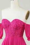 Fuchsia Corset A-Line Chiffong Kort Homecoming Klänning med spets